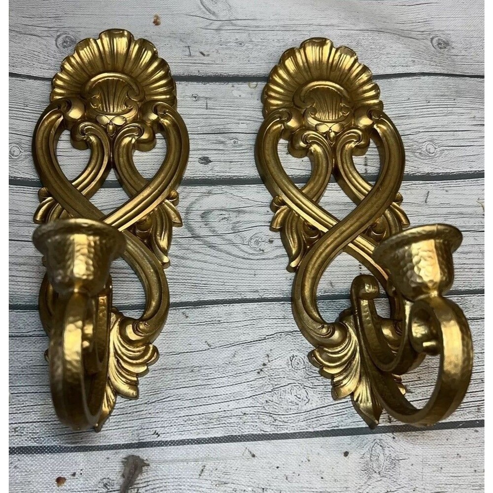 Pair Of Vtg Homco Wall Candle Sconce Regency Gold Tone Homco 1988 ~ USA